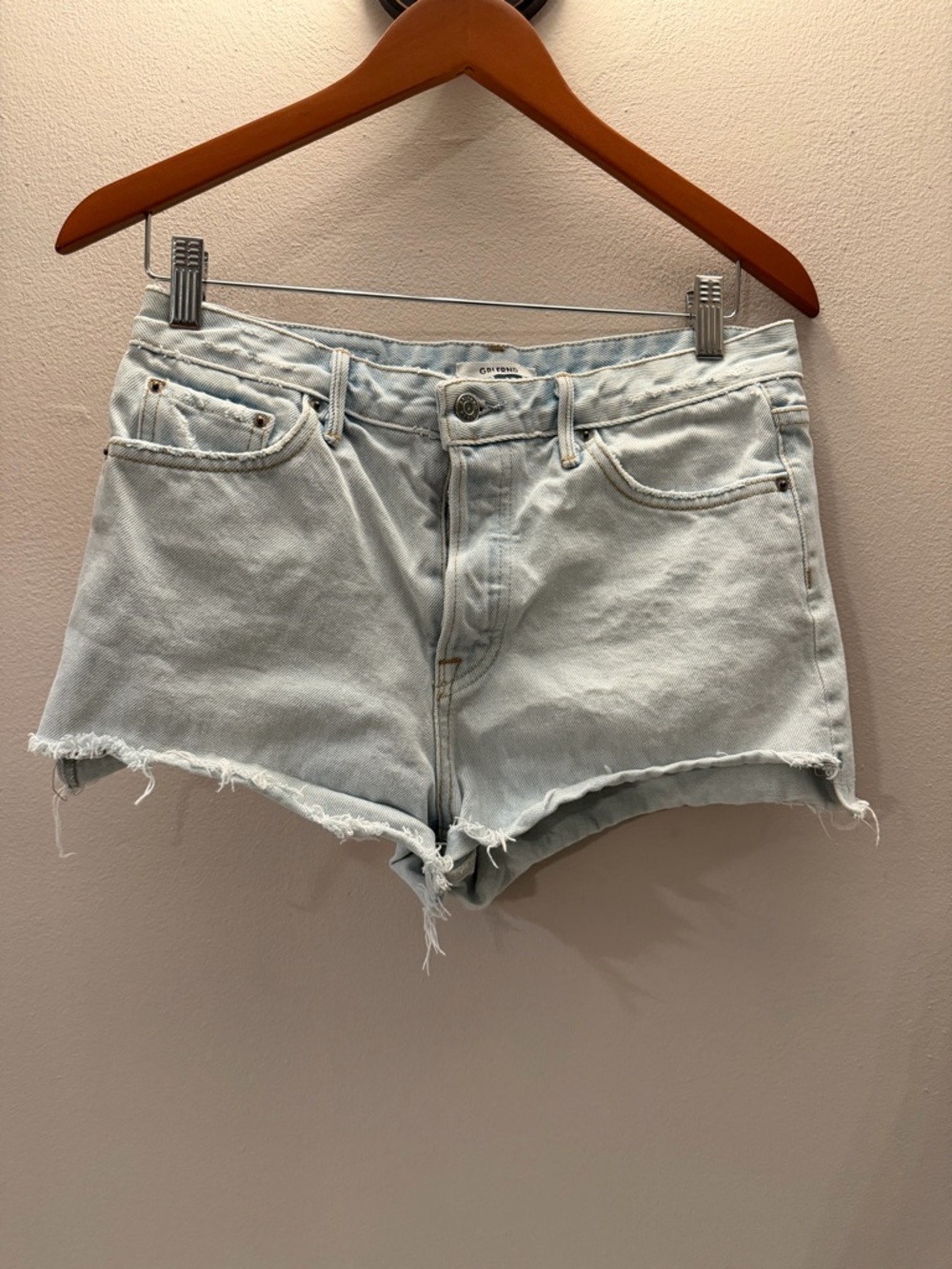 GRLFRND Cindy High Rise Denim Shorts Love Buzz Light Wash Raw Hem 26 Made in USA